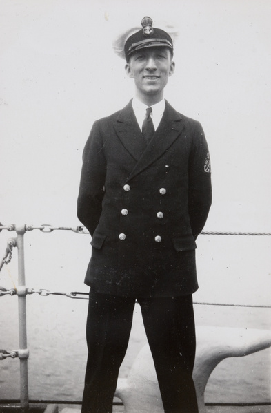 F. Hagger by a mooring bollard, H.M.S. Medway