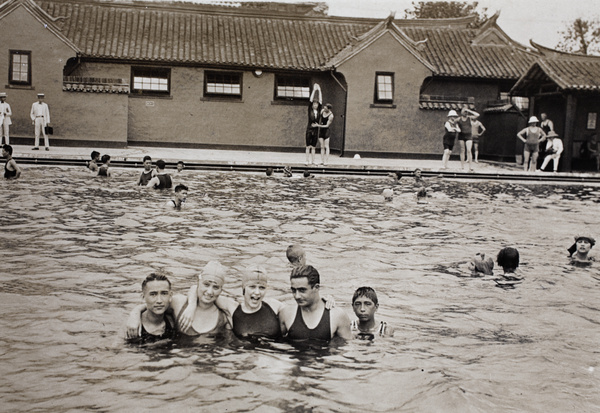 Sarah, Mabel and Fred Hutchinson with friends at the Open Air Pool, Hongkou, Shanghai