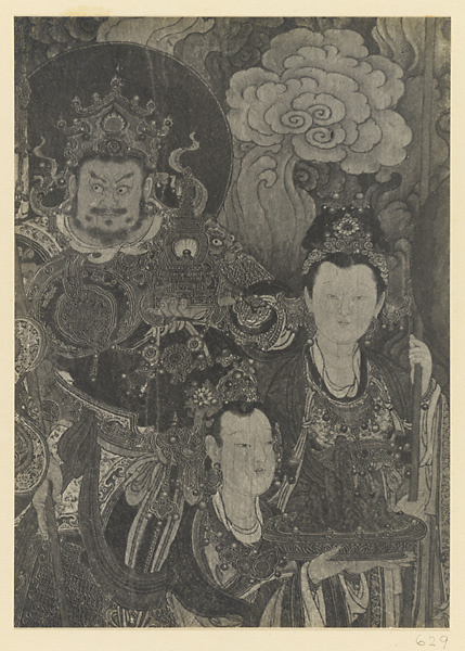 Detail of Ming dynasty mural on north wall showing guardian and two of Sakra-devanam Indra's attending maids