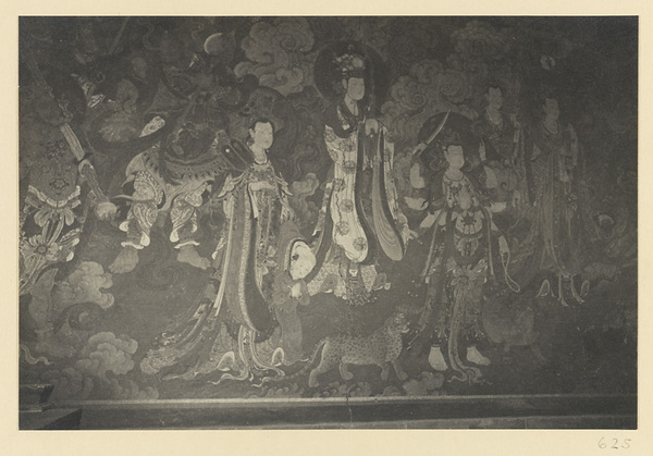 Detail of Ming dynasty mural showing Haritidem guarding a child, Bodhisattvas with attendants, and animals