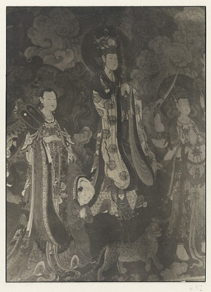 Detail of Ming dynasty mural showing Haritidem guarding a child and two Boddhisattvas