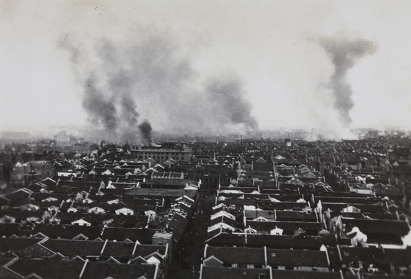 Fires burning in Zhabei, north of Hongkou district, Shanghai, October 1937