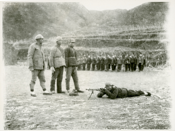 Reconnaissance (scouting) company machine gun shooting training, Jinchaji, November 1943