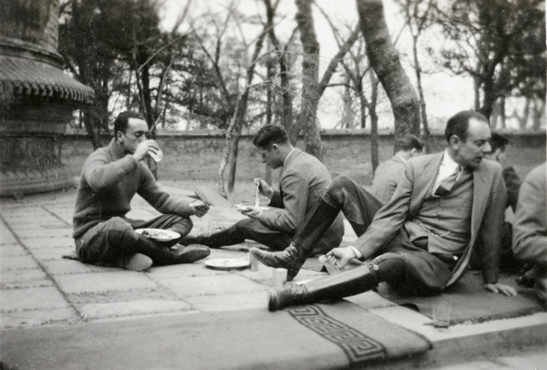 Goretti, Fergy, and Frank Aveling at a picnic at the Tomb of the Princess, Peking