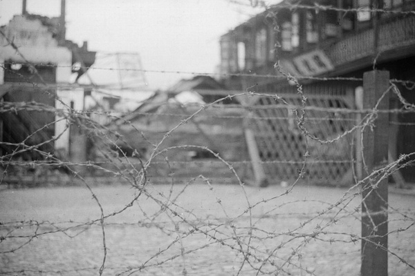Barbed wire, barricades and damaged buildings, Shanghai