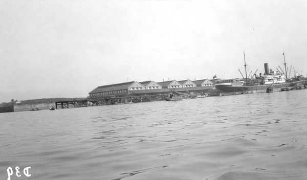 A steamship and warehouses, Canton
