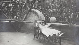 Edith Chappel resting on the verandah, 33 Victoria Road, Tianjin