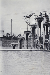 Harry Hutchinson diving from a high platform into the Open Air Pool, Hongkou, Shanghai, 1924