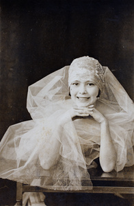 Mabel Parker wearing a cloche hat decorated with sequins and a voile shawl, Hongkou, Shanghai