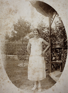 Sarah Hutchinson standing near the garden summerhouse, 35 Tongshan Road, Hongkou, Shanghai