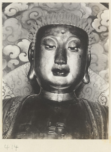 Detail of a statue of a Bodhisattva showing head and swastika pendant at Wan shou si
