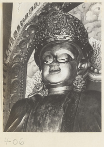 Detail of a statue of a Bodhisattva showing head and crown at Wan shou si