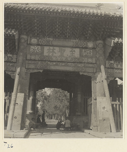 Detail of gate showing central arch with inscription at the entrance to Zhi sheng lin in Qufu