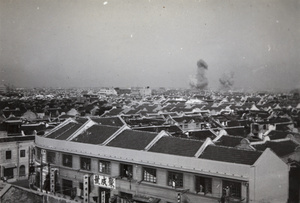 Japanese bombs exploding at Markham Road railway junction, Shanghai, 1937