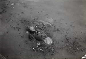 The bloated corpse of a man, floating in Soochow Creek, Shanghai, August 1937