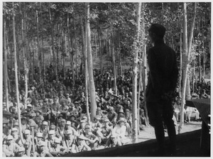 General Nie Rongzhen (Nieh Jung-chen 聂荣臻) addressing a mass meeting of troops in woods at Wutai