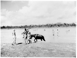 A mule and naked people fording the T'ang River 