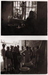 Two photographs: A darkened room with children at the window; George E. Taylor with a  group of men by a table, 1938