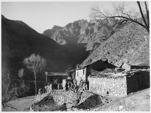 A group of Eighth Route Army soldiers by a mountain hut in Pingxi district, west of Beijing