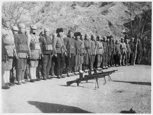 Gathering of militia, with three ZB-26 light machine guns on the ground in front of them, Jinchaji