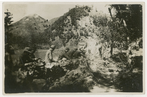 Eighth Route Army soldiers working on a stone wall