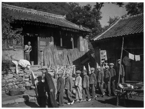 Primary school children, with pennants, Pingxi, 1939