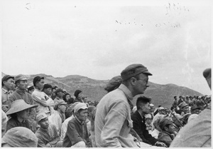 Michael Lindsay (林迈可) and a group of soldiers at an outdoor event, Yan'an (延安)