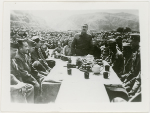 Ye Jianying (叶剑英) addressing members of the Dixie Mission, and others, at a mass rally, Yan'an (延安), 1945