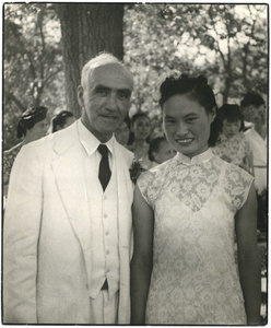 Hsiao Li Lindsay (李效黎) with Dr John Leighton Stuart, President of Yenching University, at her wedding party, Beijing (北京), 25 June 1941