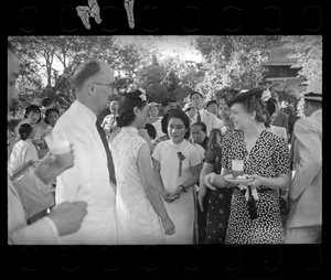 Michael Lindsay (林迈可) and Hsiao Li Lindsay (李效黎), with guests, at their wedding party at Yenching University (燕京大學), Beijing (北京)
