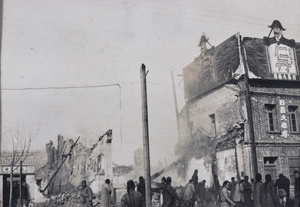 Ruins of buildings near Dongdan Pailou and advertisement for Jintan (仁丹), after riots, Peking Mutiny 1912