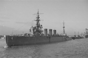 An I.J.N. 'Kuma' or 'Nagara' class cruiser, Warship Row, Shanghai