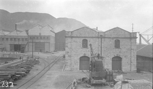 Steam crane and warehouses at T. D. and E. Company, Hong Kong