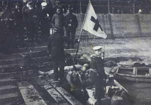 British bluejacket with dead Republican soldiers and Red Cross flag, Hankow